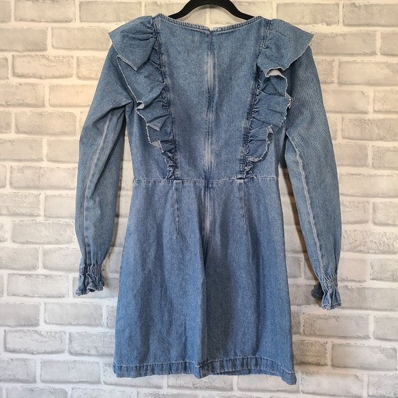 Bershka Denim Frill Dress Womens XS Long Sleeve Ruffle - Picture 3 of 10